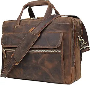 Augus Leather Briefcase for Men Business Travel Messenger Bags 15.6 Inch Laptop Bag YKK Metal Zipper, Brown