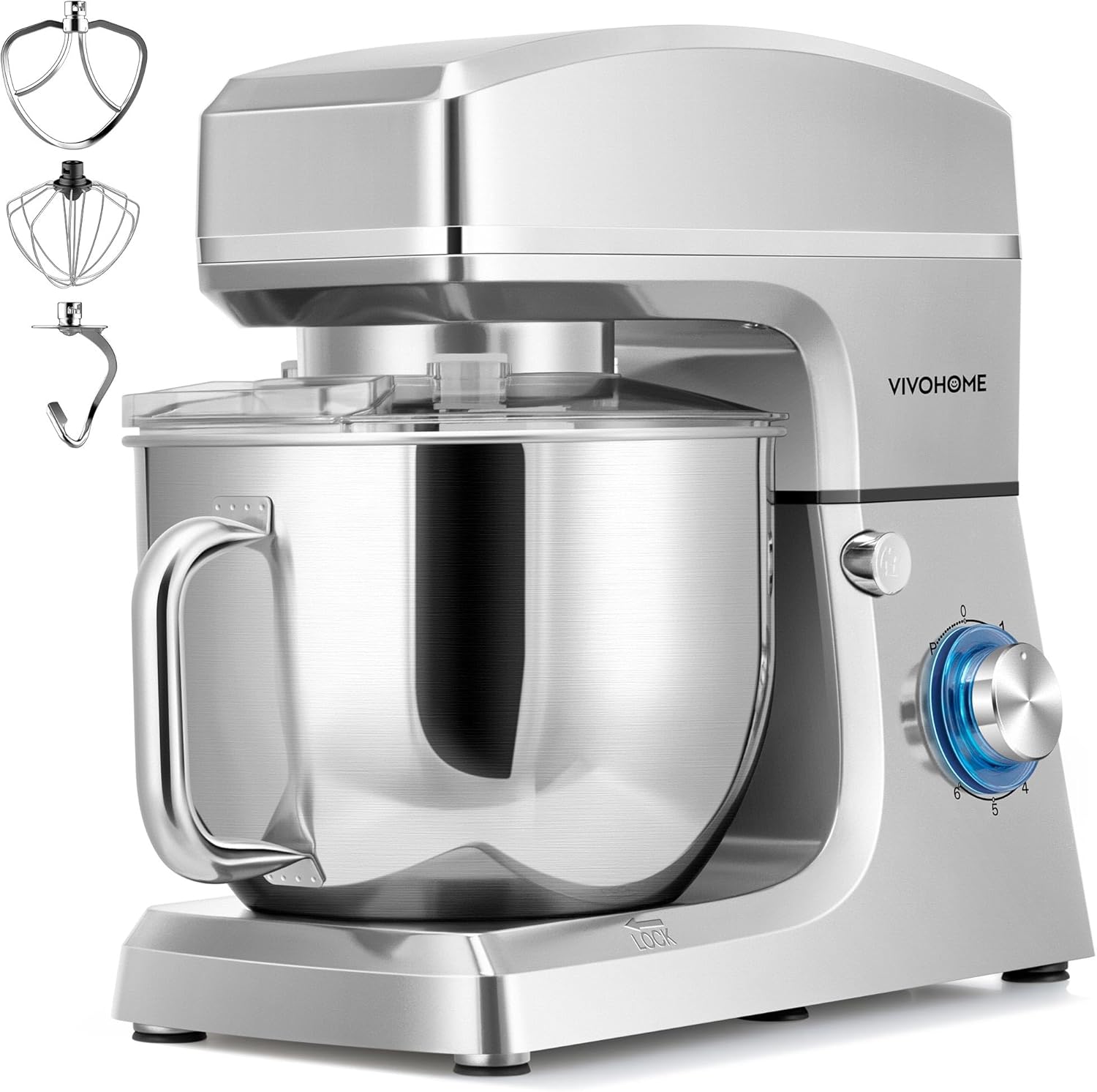 VIVOHOME 7.5 Quart Stand Mixer, 660W 6-Speed Tilt-Head Kitchen Electric Food Mixer with Beater, Dough Hook, Wire Whip, and Egg Separator, Silver
