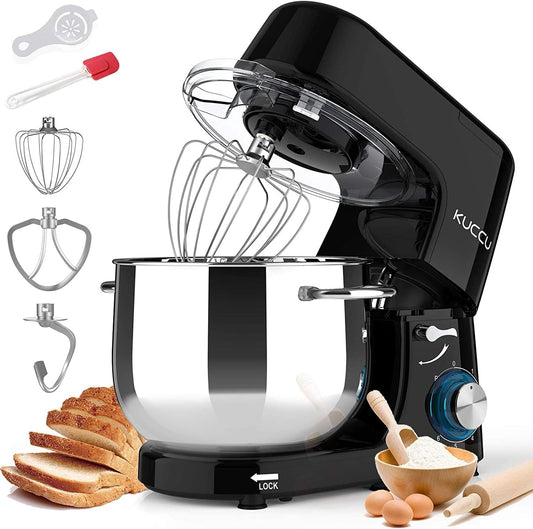 9.5 QT Double Handle KUCCU Stand Mixer, 6 Speed with Pulse Electric Kitchen Mixer, 660W Tilt-Head Food Mixer with Dishwasher-Safe Dough Hook, Flat Beater, Whisk, Splash Guard for home baking (Black)
