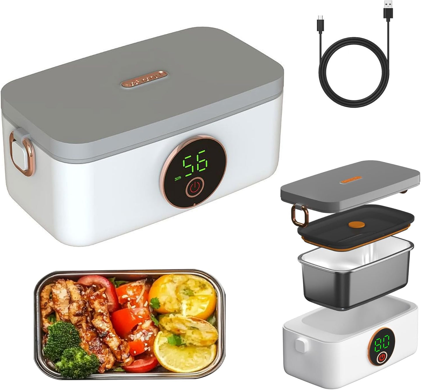 Cordless Electric Lunch Box for Men Adults,Portable & Self-Heating Food Warmer,1L SS Container,Perfect for Travel/Office/Car/Construction Site,5-Speed Smart Timer