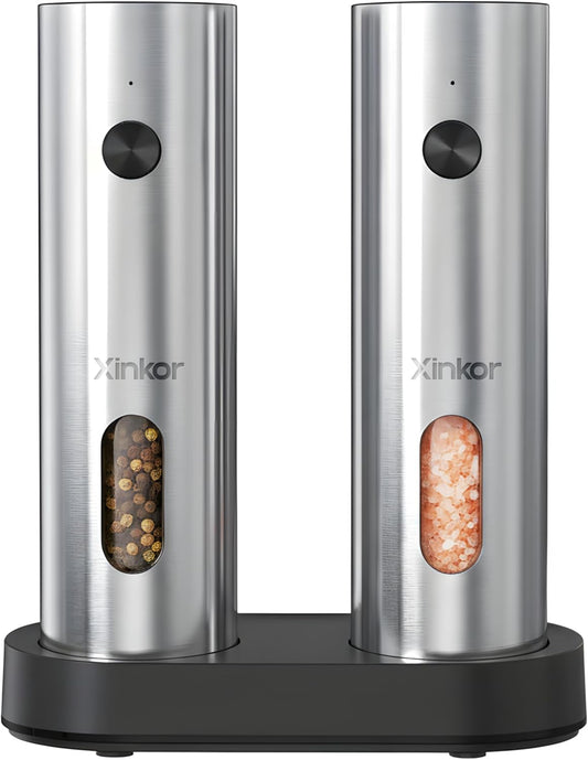 Electric Salt and Pepper Grinder Set with USB-C Charging Base, Stainless Steel Automatic Rechargeable Salt and Pepper Grinder with LED Light & Large Capacity, 6 Adjustable Coarseness Settings