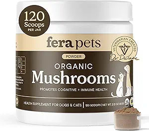 Fera Pets Mushroom Supplement for Dogs & Cats with Turkey Tail - USDA Organic - Cognitive and Immune Support - Enhances Liver Function - Supports a Healthy Gut - Powder - 120 Scoops