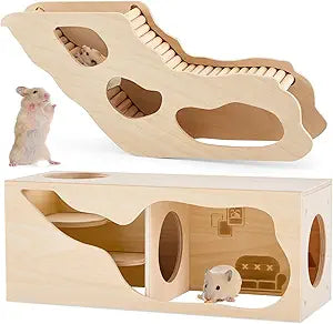 2 Pcs Hamster Hideout Set House and Tunnel, Exploring Tunnel with Climbing Ladder, Secret Observe Shed for Syrian Hamsters, Gerbils, Hedgehogs, Rats, Mice, Small Animals Pets Toys