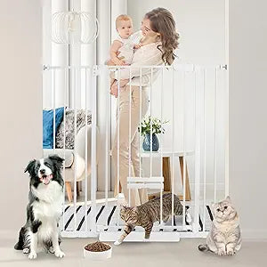 41 Inch Tall Baby Gate with Small Cat Door, Adjustable Auto Close Dog Gate Easy Walk Thru Pet Door for Stairs, Doorway, House (White, 29.52"-43.71" Includes Bolts)