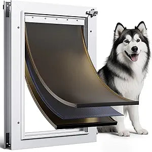 Dog Door for Door All Aluminum 3 Flaps White, Large Dog Doggy Doggie Door, Heavy Duty Pet Door for Dogs, with Insulation Flap and Lockable Closing Panel, Durable Rust Resistant, for Pets Up to 110lbs