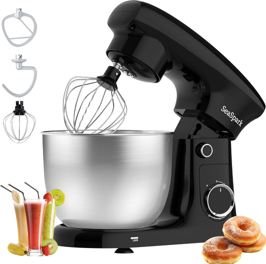 SeaSpark Stand Mixer, 3 in 1 Stand Mixer, 5.5Qt Electric Mixer, Mixer with Stainless Dough Hook, Wire Whip & Beater, Food Mixer for Baking, Cake and Most Home Cooks, Black