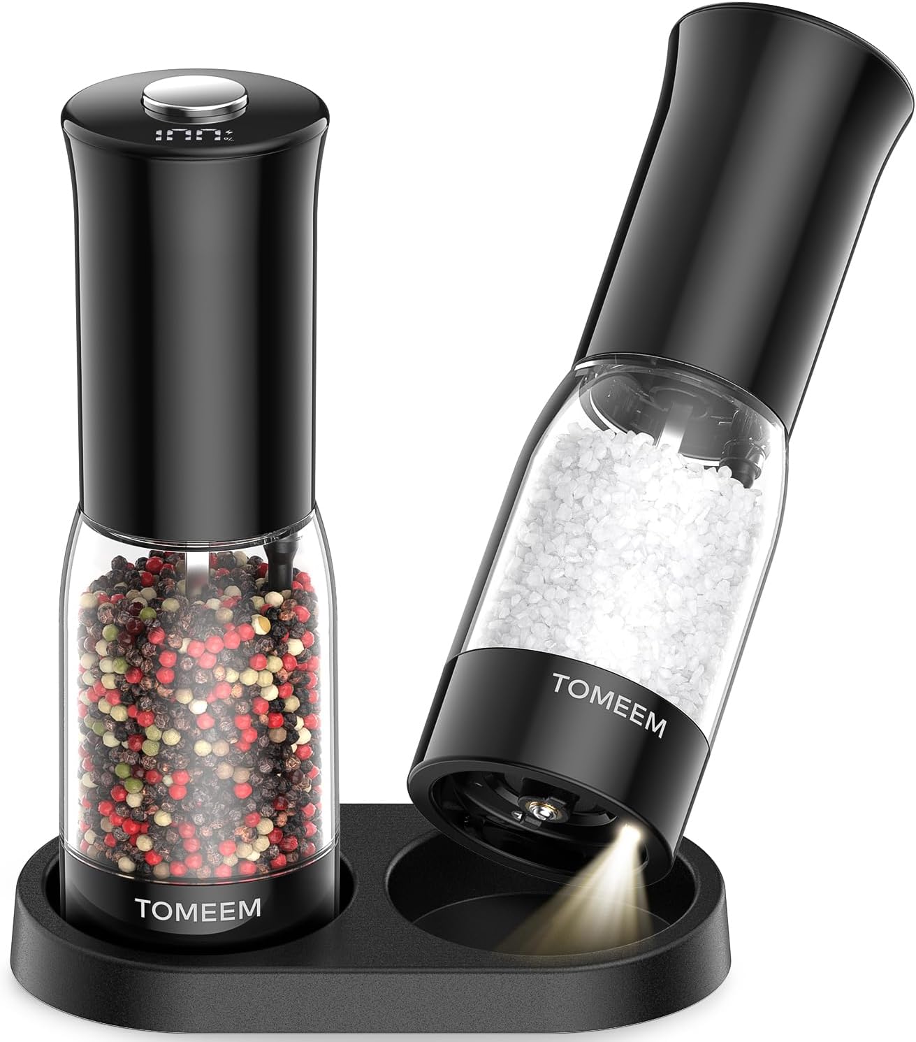 Electric Salt and Pepper Grinder Set with LED Power Display, 5-Level Grind Adjustment Easy Filling, Rechargeable Pepper Salt Mill Shakers Set Automatic with Storage Base, LED Light for Kitchen