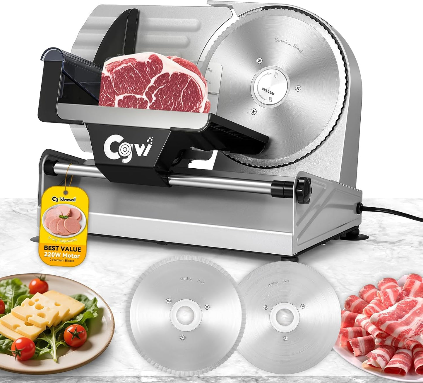 CGOLDENWALL Meat Slicer, 220W Electric Deil Food Slicer with 2 Removable 7.5" Blades, 4\/5" Adjustable Thickness, Food Slicer Machine for Home Cutting Meat Cheese Bread Vegetables, 110V CE