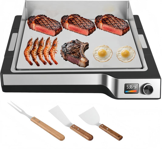 Electric Griddle 536°F Max Temp, Electric Grill Indoor Outdoor 14", Dishwasher-Safe Indoor electric skillet, Nonstick Flat Top Grill 5mm Stainless Steel Plates, Spatula & Fork