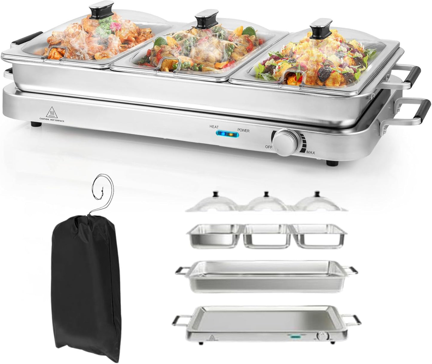 Food Warmer, 2-in-1 Buffet Warmer w/ 3 Food Pans & Lids, Adjustable Temperature & Dishwasher Safe, 8 Qt Stainless Steel Electric Warming Tray for Parties Banquets Catering Events, 450W