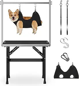 niffgaff Dog Grooming Table with Arm, Hammock & Nooses, 30" H Foldable Heavy Duty Pet Grooming Station, 35.5" LÃ—23.6" W Non-Slip Waterproof Tabletop, 33.5" Height Adjustable Stainless H-Frame Arm
