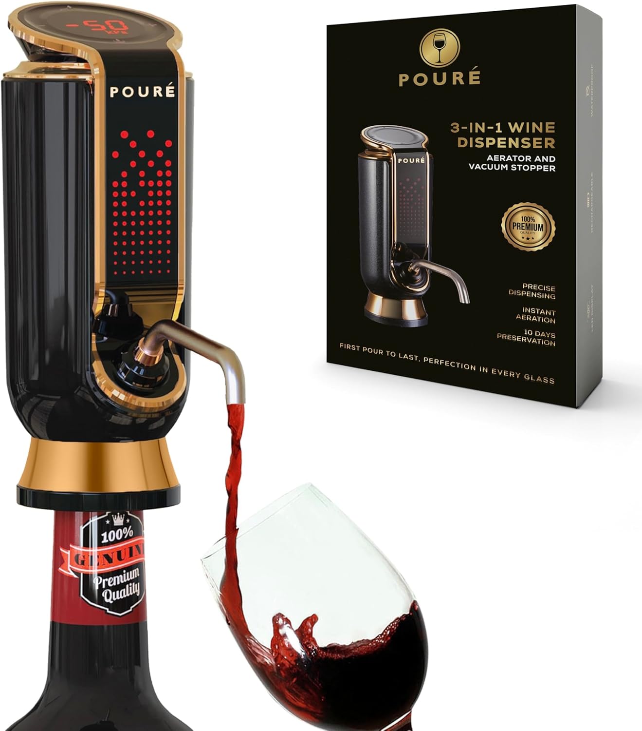 POURÉ 3-IN-1 Wine Aerator Dispenser & Vacuum Stopper - Adjustable Pouring, Preserving, Real-Time Temp, Output & Pressure Control - Touch Screen LED Wine Accessories - Fits 18\u201320mm Bottles - Black