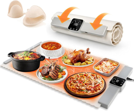 Electric Food Warming Mat for Countertop, Large 26×15.4 in with 5 Heat Levels (40°C\u2013100°C), Auto Shut Off & Child Lock, Includes Storage Bag & Gloves \u2013 Portable Heating Tray for Home, Party & Travel