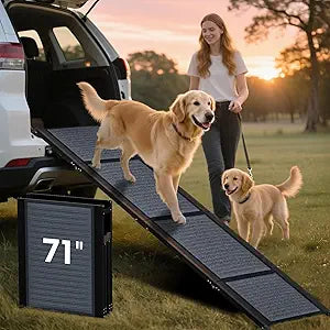 HBTower 71" Long & 17.3" Wide Folding Dog Ramp for Car, SUV & Truck â€“ Portable Pet Ramp with Non-Slip Surface, Extra Wide Steps for Large Dogs Up to 250LBS