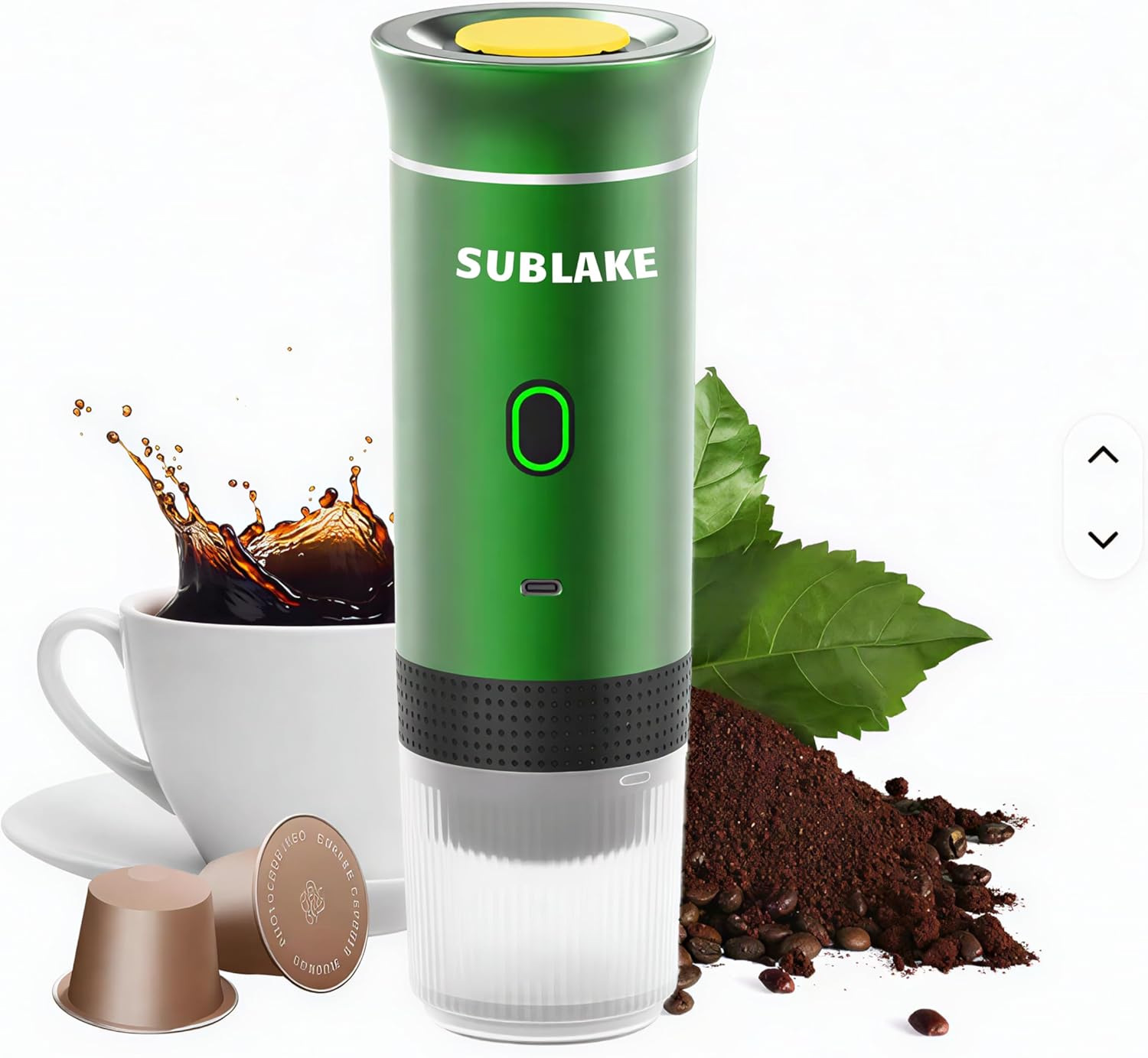 SUBLAKE Portable Espresso Maker \u2013 Self-Heating USB-C Rechargeable Travel Coffee Maker for Car, Camping, Office, portable coffee maker - portable coffee machine With Ground Coffee & NS Capsule (Green)