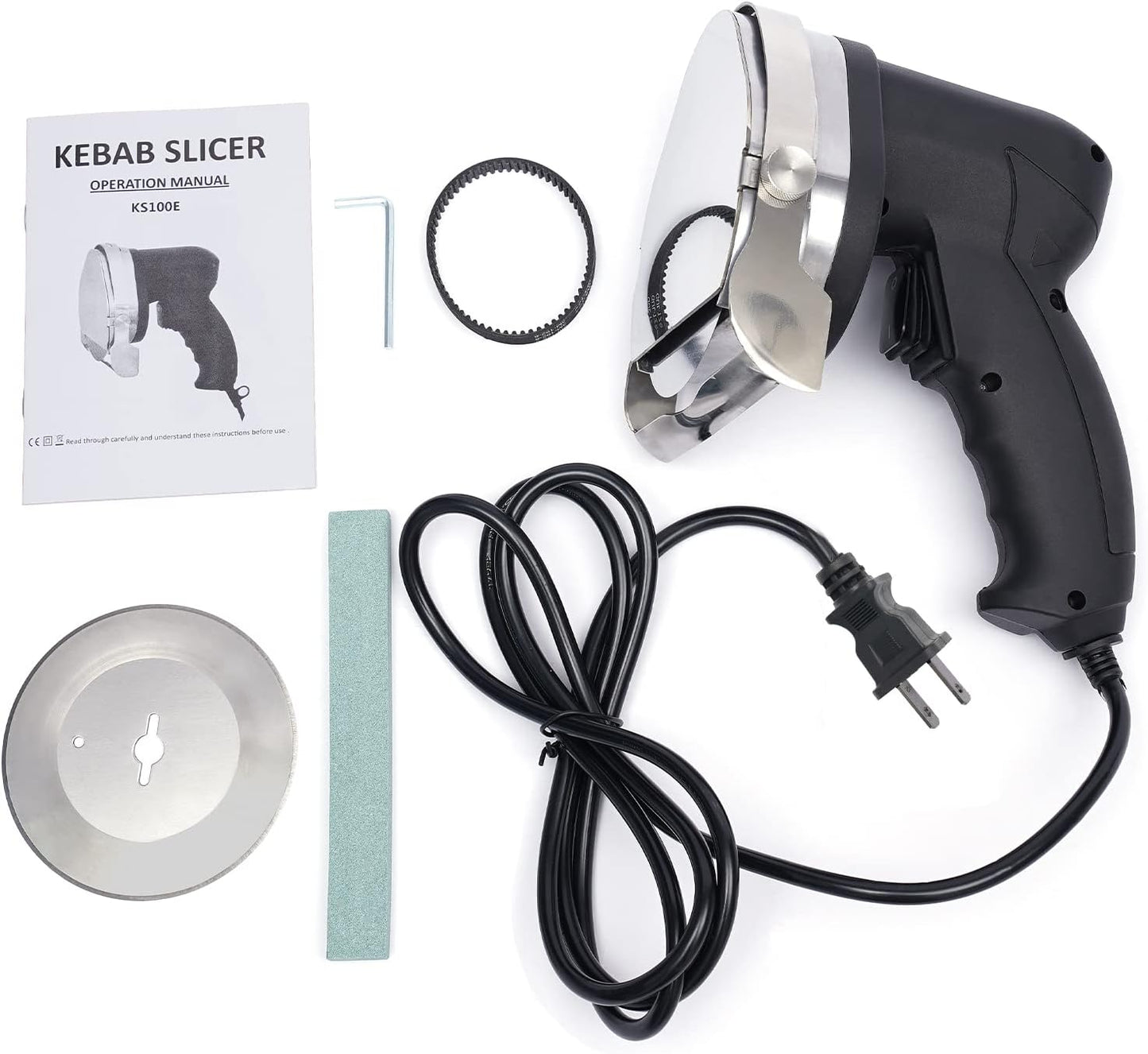 80W 220V Electric Kebab Slicer Cutlery Handheld Stainless Steel Shawarma Cutter Doner Meat Carver Set with 2 Blades 1-8mm Thickness Adjustable for Home Kitchen Restaurant Sliver (9*6.3*5.1in)