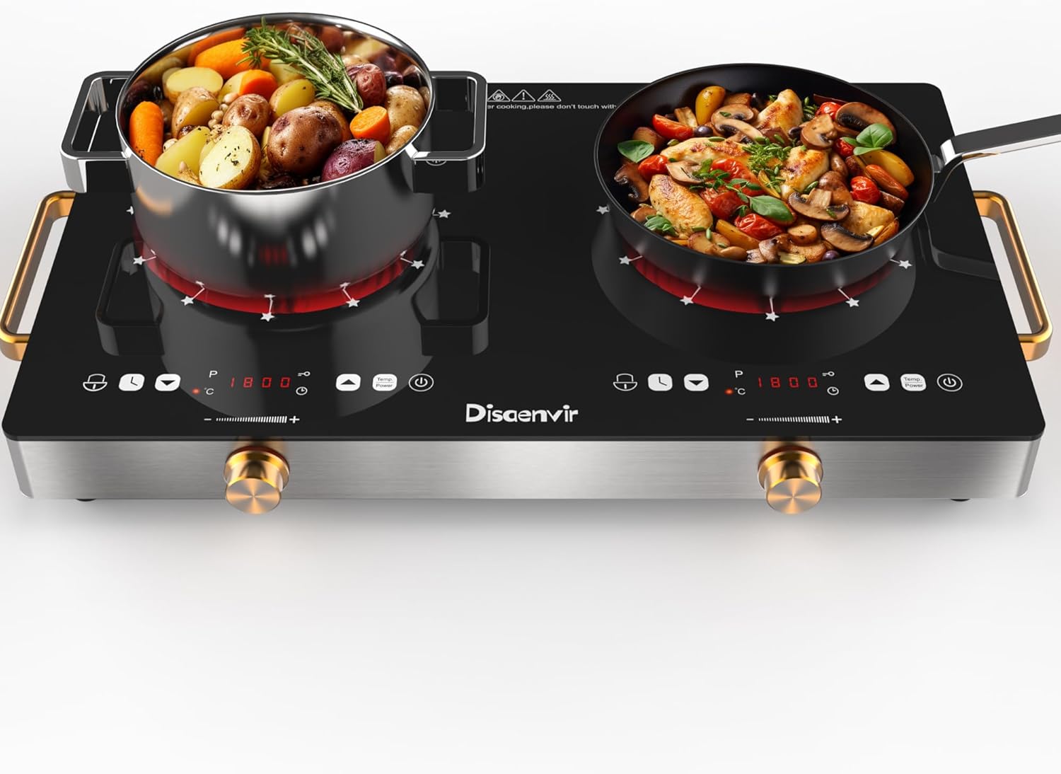 Disaenvir 2 Burner Electric Cooktop 110V - 24 Inch(22.2"x 13.07") Countertop Electric Stove with Handles 2000W, Two Burner Ceramic Burner with Touch and Knob Control, Timer, Safety Lock, 120V Plug in