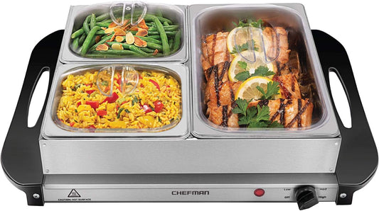 Chefman Electric Buffet Server + Warming Tray w\/Adjustable Temperature & 3 Chafing Dishes, Hot Plate Perfect for Holidays, Catering, Parties, Events & Home Dinners, 14" x 14" Surface, Stainless Steel