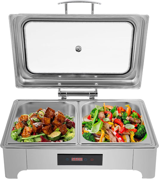 Electric Chafing Dish Buffet Set, 400W 2.38Gal/9L Stainless Steel Food Warmer with Touch Control, 2 Trays & Clear Lid for Buffet, Parties, Catering, Home & Commercial