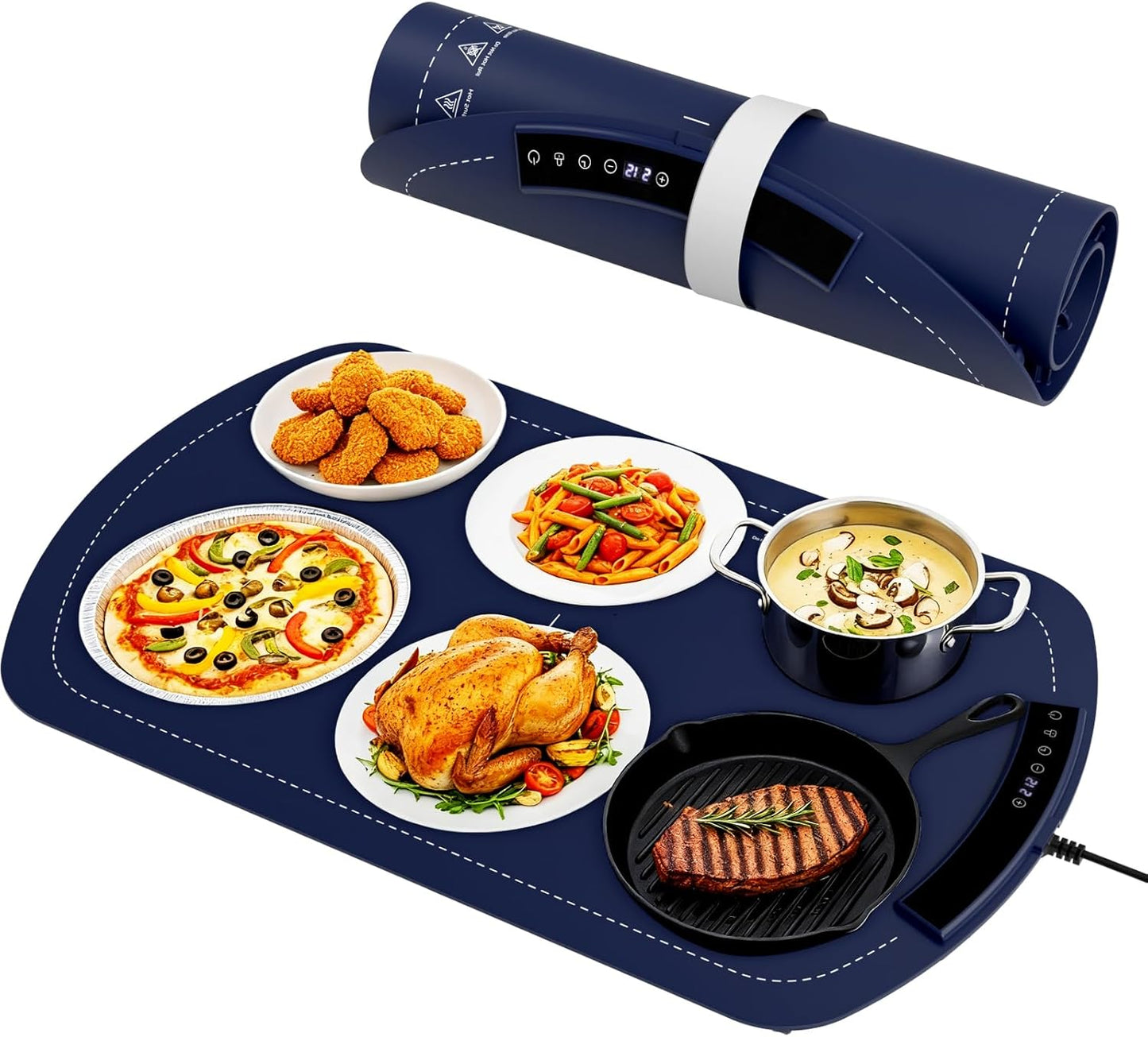 COWSAR Food Warming Mat, 7-Temp Electric Warming Tray (104°F-212°F), 250W Low Energy Consumption, 5H Timer & Child Lock, Ultra-Thin Roll-Up Buffet Food Warmer for Parties, Home, Travel,Blue