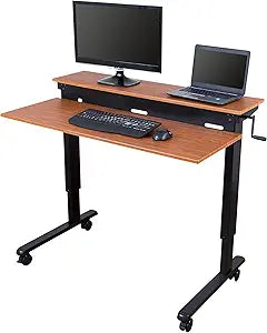 Stand Up Desk Store Crank Adjustable Two Tier Standing Desk with Heavy Duty Steel Frame (Black Frame/Teak Top, 48" Wide)