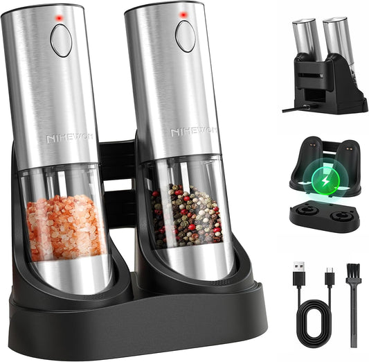 NIHEWON Electric Salt and Pepper Grinder Set with LED Light, Rechargeable Salt and Pepper Shakers with 5 Adjustable Coarseness, Upgraded Large Capacity, Stainless Steel, Storage & Charging Base
