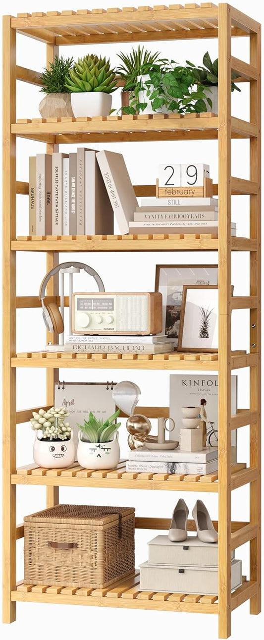 FOTOSOK 6-Tier Bamboo Shelf, Bamboo Bookcase with Adjustable Shelves, Free Standing Storage Shelf Unit, Plant Flower Stand for Kitchen, Bathroom, Home Office, Natural