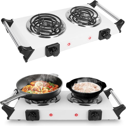 2000W Hot Plate,Portable Electric Stove Countertop Double Coil Burners W/5 Level Temperature Control & Stay Cool Handles, Easy to Clean, Lightweight Cast Iron Electric Stove for RV/Home/Camp 110V