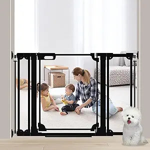 Clear Baby Gate 29.13-47.24" Wide Acrylic Safety Proof Dog Puppy Pet Barrier for Stairs, Transparent Adjustable Pressure Mounted No Drill Auto Close Indoor, Doorways, Hallway, Black