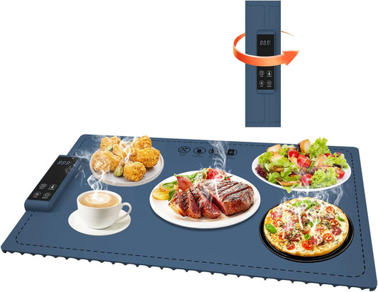 Rolling-up Food Warming Mat with 6-Level Temperature Control, 5-Level Hour Timer, 10s Fast Full-Surface Silicone Heating Pad, Child Lock Function, Digital Screen Display of Electric Warming Tray