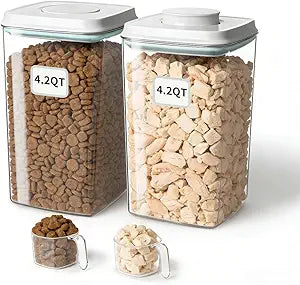 Dog Food Storage Containers Set with One-Touch Lid, (2 Ã— 4.22 QT / 4.0 L) BPA-Free Cat Food Storage Containerï¼ŒStackable Durable PET with 130ml Scoop, for Kibble & Treats Organization