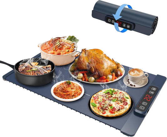Warming Mat for Food, Food Warming Mat, 10-Second Rapid Heating Silicone Electric Tray, 5 Temperature Settings and 1-4 Hour Adjustable Timer, Foldable Portable Food Warmer, for Gatherings and Parties