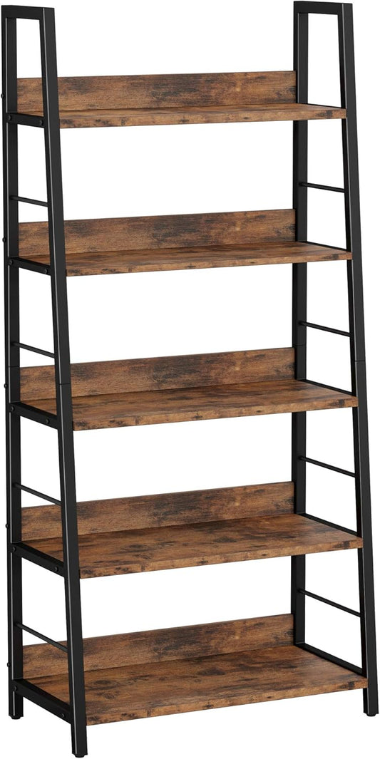 IRONCK Industrial Bookshelves and Bookcases, Ladder Shelf 5 Tiers with Metal Frame for Living Room, Home Office, Rustics Brown