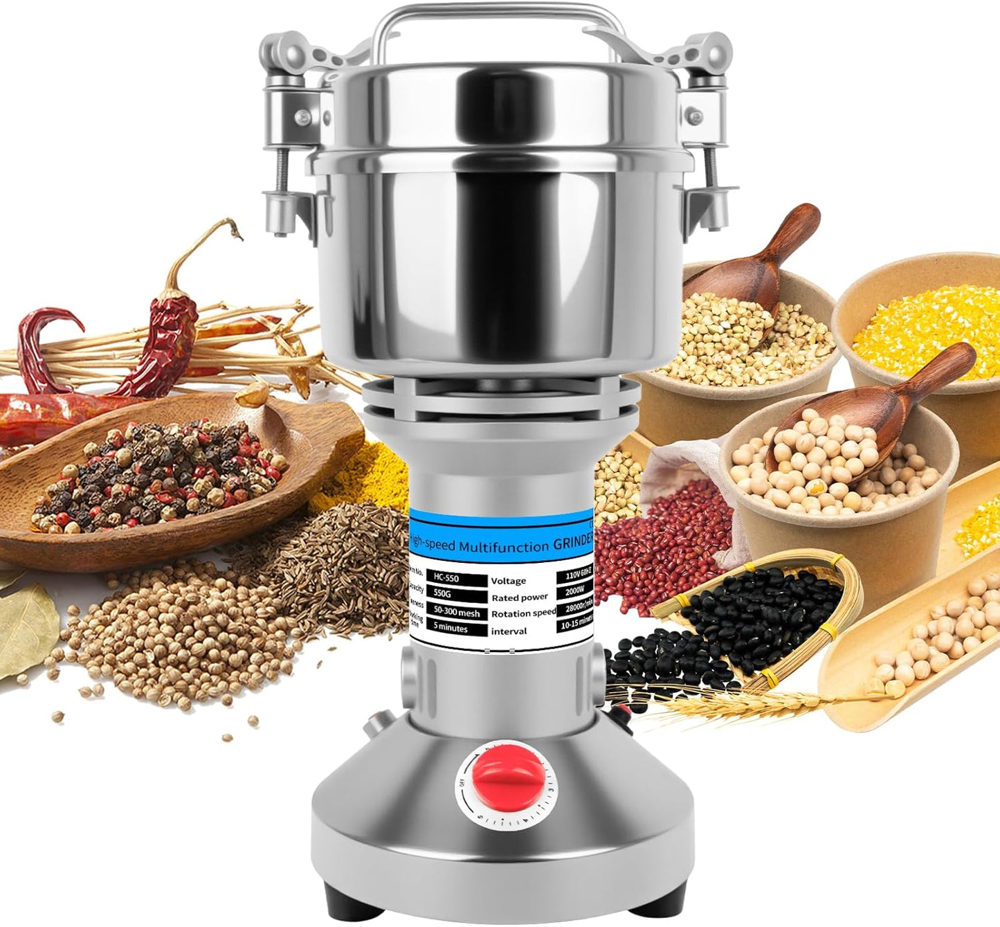 Grain Mill, 550g Flour Mill Grinder for Home, Electric Stainless Steel Grain Grinder for Wheat, Herbs, Nuts, Grains, Corn, Flour, Seasonings