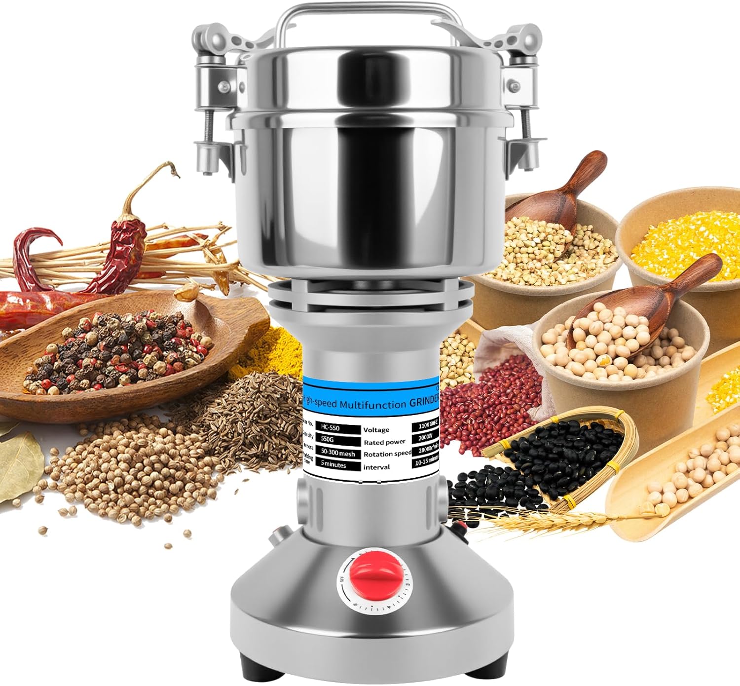 Grain Mill, 550g Flour Mill Grinder for Home, Electric Stainless Steel Grain Grinder for Wheat, Herbs, Nuts, Grains, Corn, Flour, Seasonings