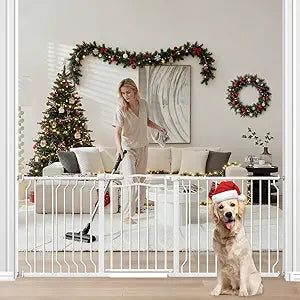Extra Wide Dog Gate for Doorways 72-81.5 in, Walk Through Long Baby Gates for Large Openings, No Drill Child Safety Gate for Pets Kids Toddler, Doggy Barrier Indoor Metal, 30" Tall White