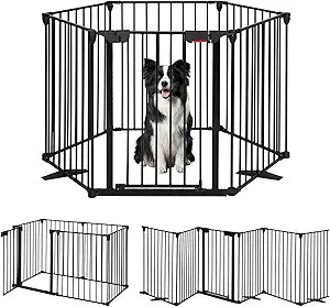 SMONTER Free Standing Dog Gate with Door Walk Through, 152" Extra Wide Foldable Dog Fence, 6 Panels 29" Tall Metal Pet Gate for Stairs, Hallways