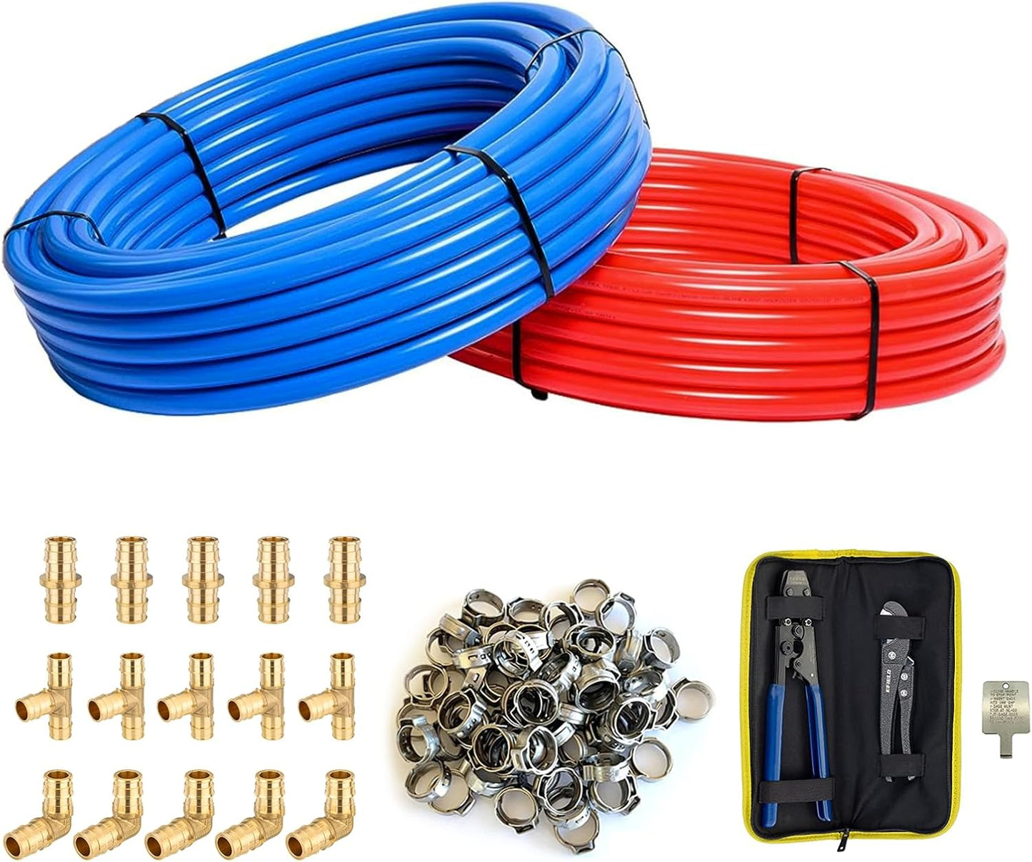 3\/4 Inch HeSun PEX-B Pipe, 2x100FT Pex B Tubing with 3\/4" 15PCs Brass Pex Fittings and 50PCs Cinch Clamp Rings, Clamp Tool,Pipe Cutter,200 Feet in Red&Blue(139)