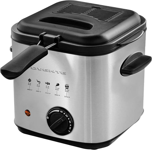 OVENTE Electric Deep Fryer, 1.5L Capacity, 800W with Adjustable Temperature, Viewing Window Lid, Removable Frying Basket & Cool-Touch Handles, Stainless Steel Countertop Fryer, Silver FDM1501BR