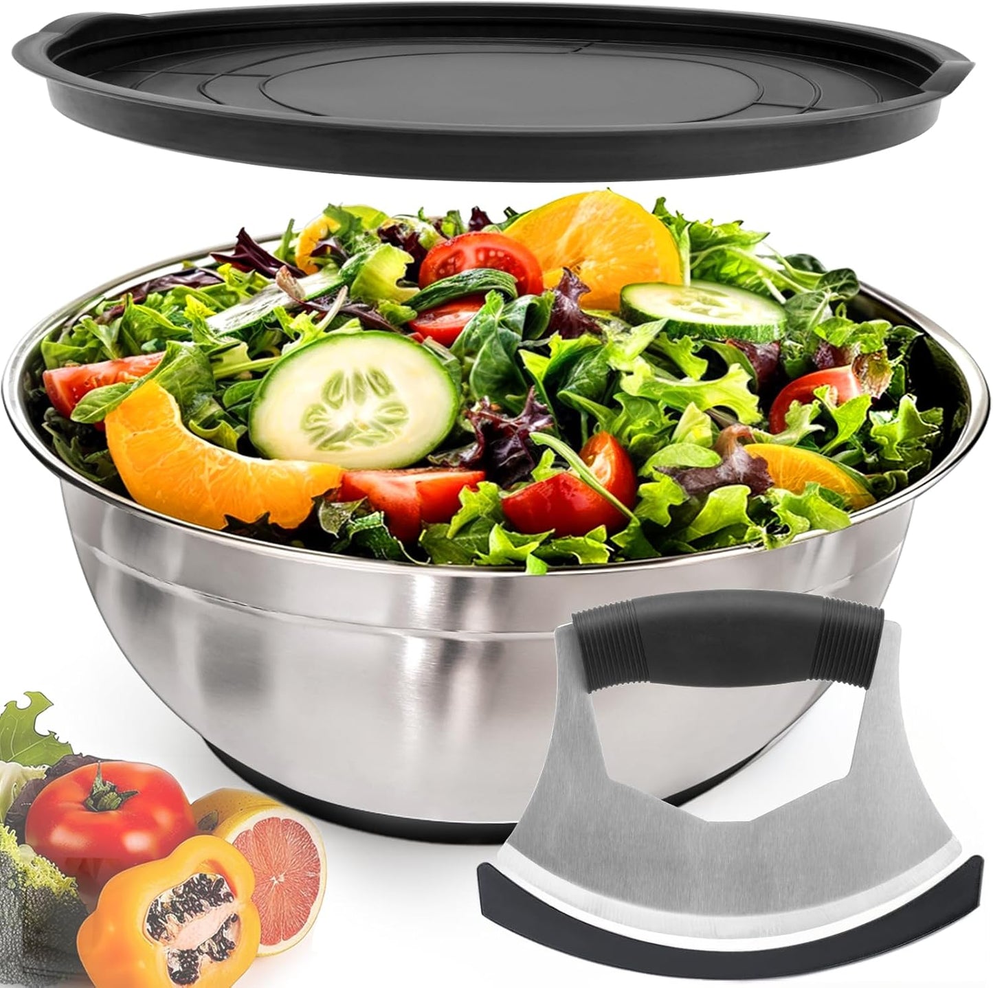 Salad Chopper Bowl - Stainless Steel Salad Chopping Bowl, Salad Chopper Bowl and Cutter with Lid, Chef Grade Salad Chopper Blade and Bowl, Mezzaluna Mincing Knife, Super-fast Salad Prep