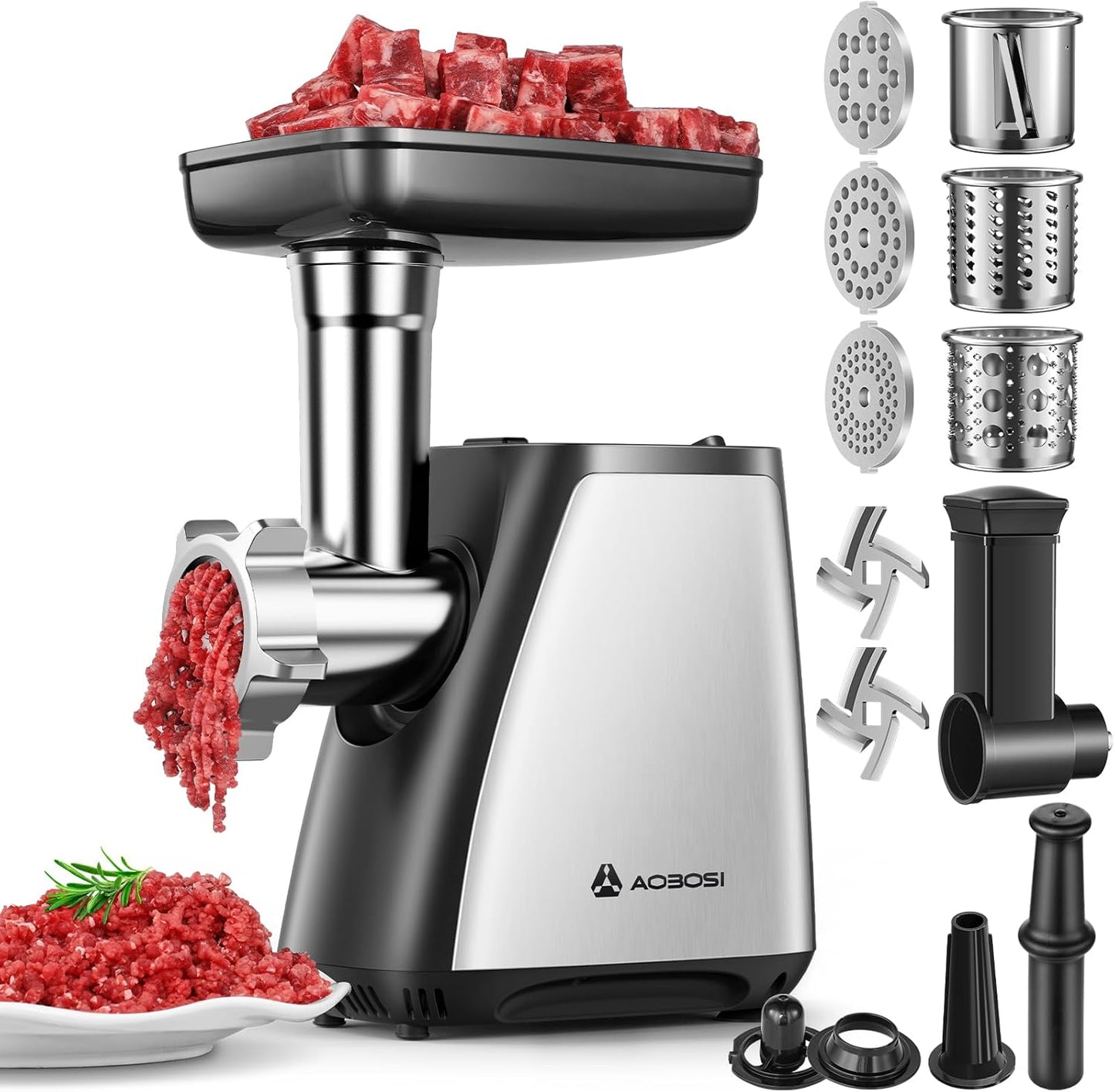 AAOBOSI Meat Grinder, 4-In-1 Meat Grinder Electric [2800W Max] with 3 Slice, Shred Blades,2 Blades,3 Plates,Sausage Stuffer,Kubbe Kit, for Home Kitchen Use, Stainless Steel