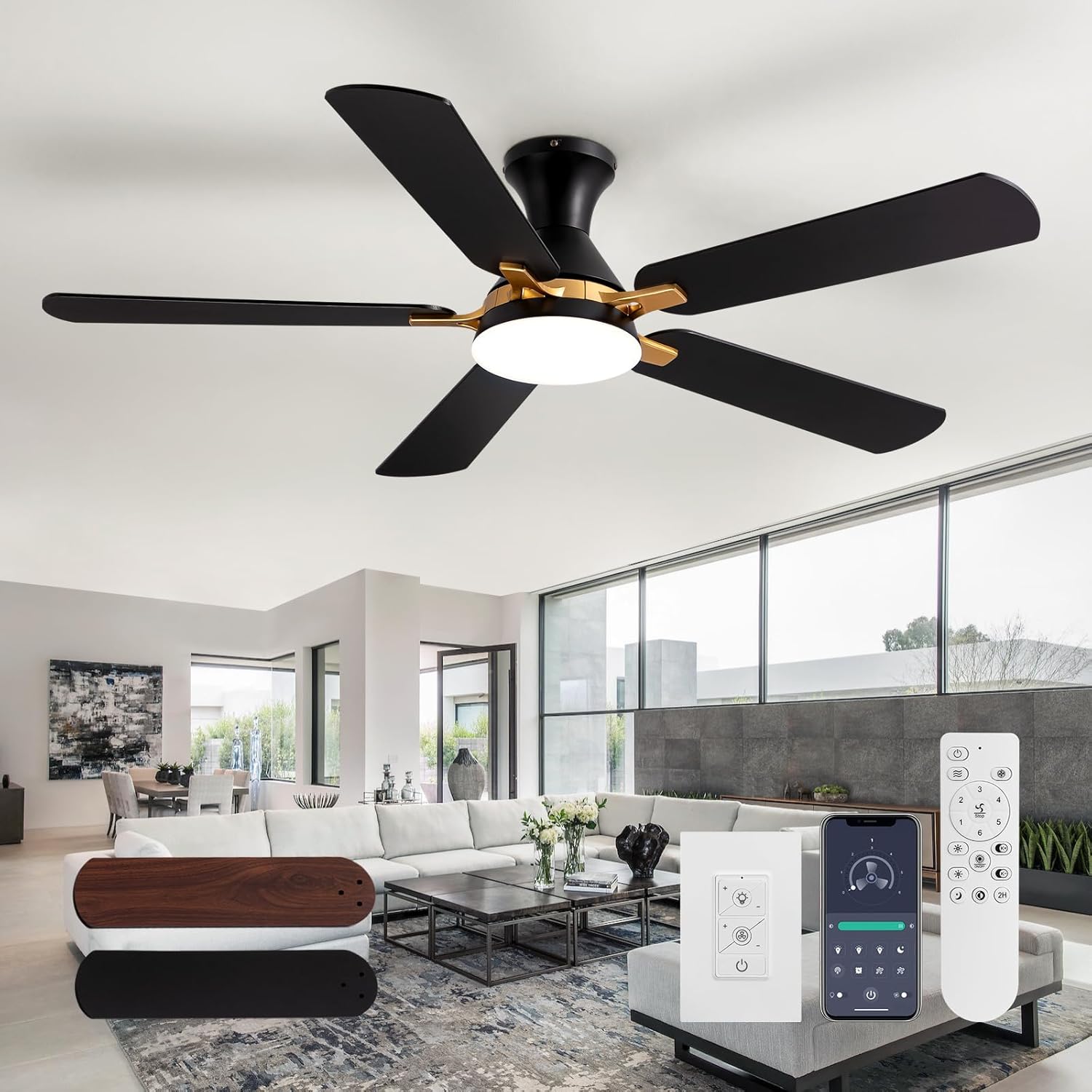 CROSSIO 52" Modern Ceiling Fans with Lights and Remote Control\/APP 5 Blades Black Low Profile Ceiling Fan LED Dimmable Flush Mount Ceiling Fan with Light for Living Dining Room Patio Kitchen