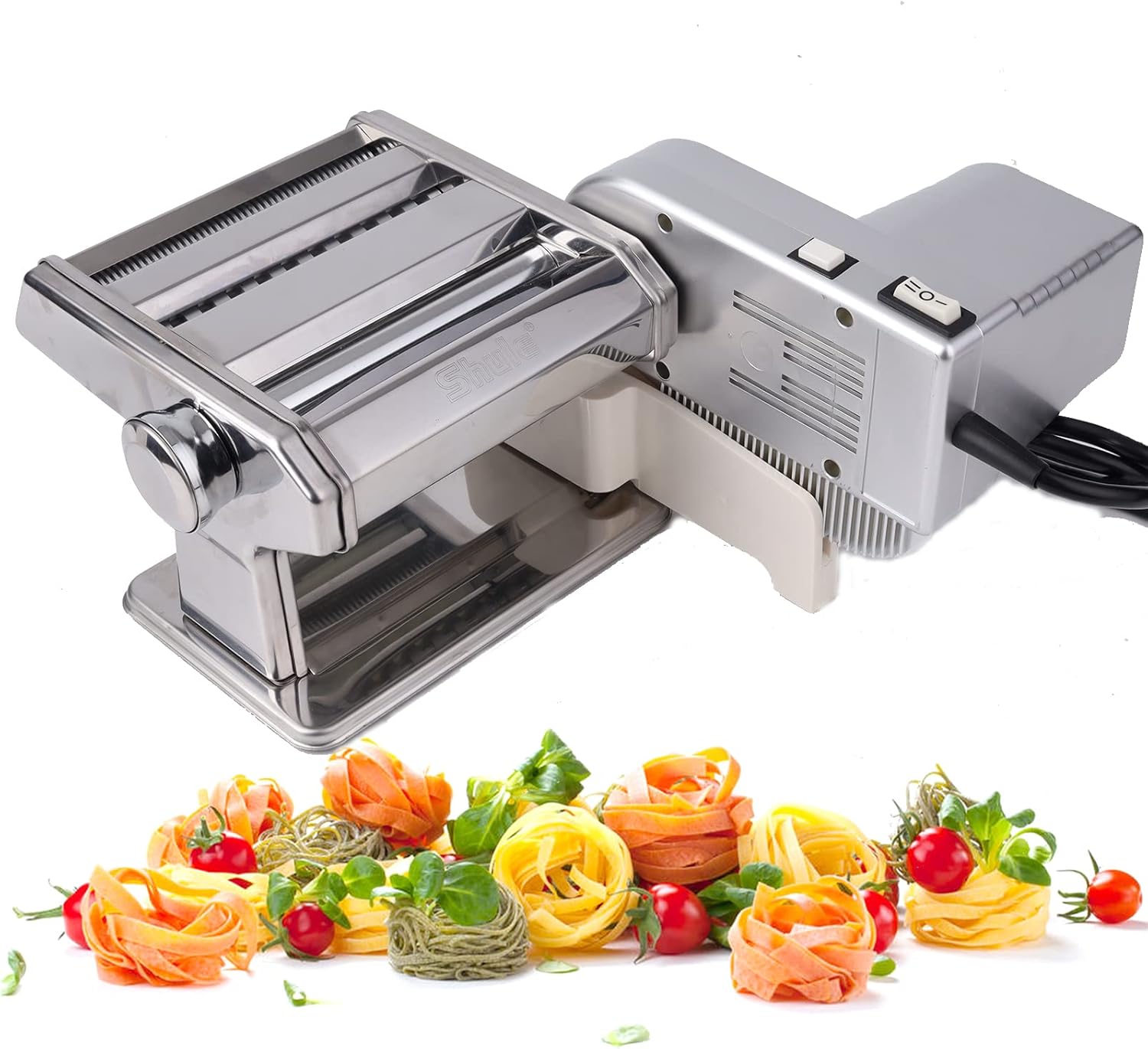 Shule Electric Pasta Maker Machine with Motor Set Stainless Steel Pasta Roller Machine Silver