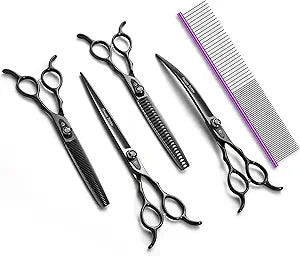 Dog Grooming Scissors: 7.5 inch Bright Black Pet Shears Set Made Of Japanese 440C Advanced Stainless Steel Professional Grooming Scissors for Dogs Cats and Other Pets