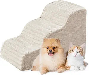 Dog Stairs for Small Dogs & Cats 15.7" H, High Density Foam Dog Steps Ramp for Couch Sofa and Chair, Pet Stairs with Non-Slip Bottom and Remove Washable Cover, 3-Step Pet Steps, Beige