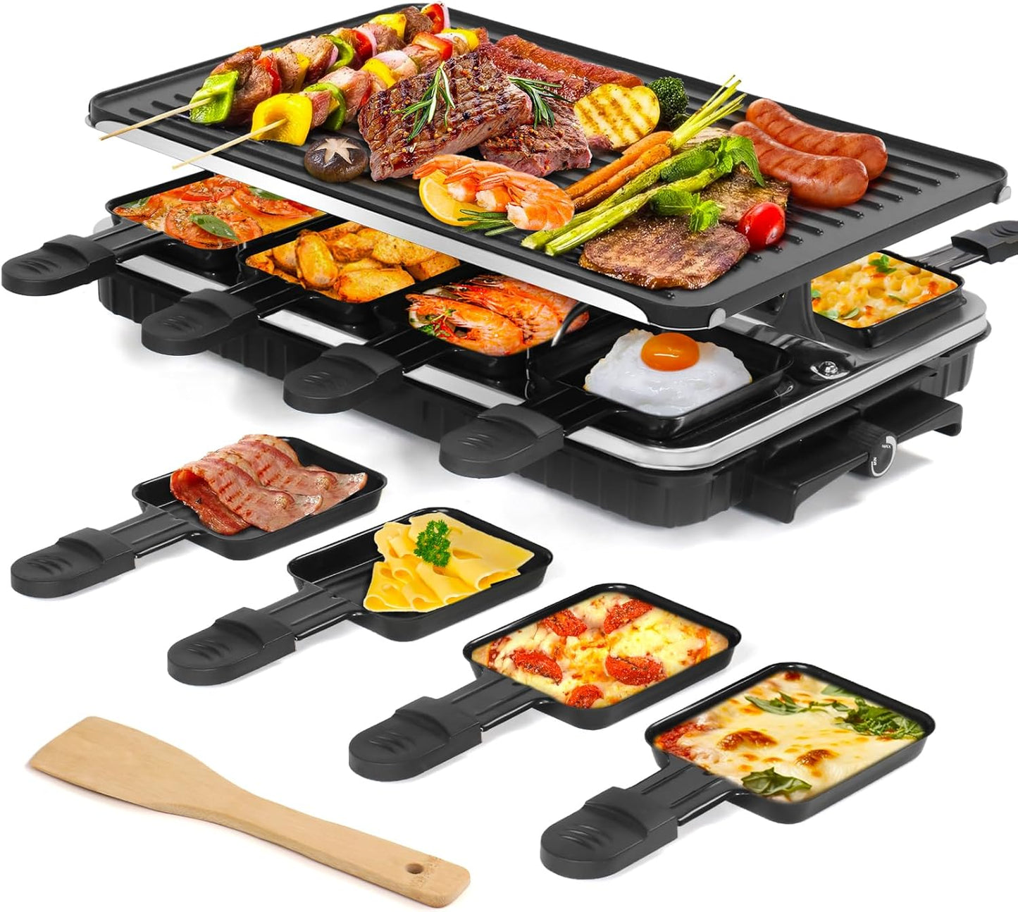 Raclette Table Grill, Indoor Grill Korean BBQ Grill Electric Griddle, 2 in 1 Electric Griddle Nonstick with 8 Raclette Cheese Pans Adjustable Temperature Control 1300W Ideal for Family and Party Fun