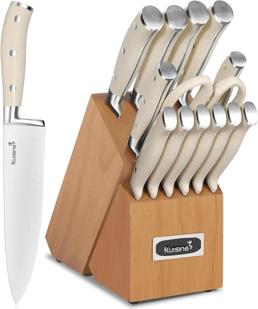Kuisine Kitchen Chef Knife Block Set,High Carbon Stainless Steel Razor-Sharp Blade Ergonomic Handle,Sharp Knife Set with Built-in Sharpener,Elegant Gift(Irovy-Acacia,15pcs)