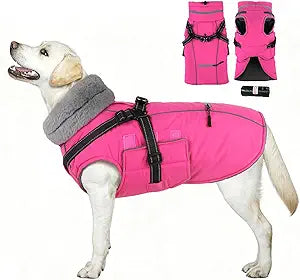 PETDSH Dog Coat Large, Built-in Harness Dog Jacket with Warm Fleece Lining, Waterproof Reflective Dogs Winter Coat, Pet Coats with Pocket and Trash Bags (Pink, X-Large)