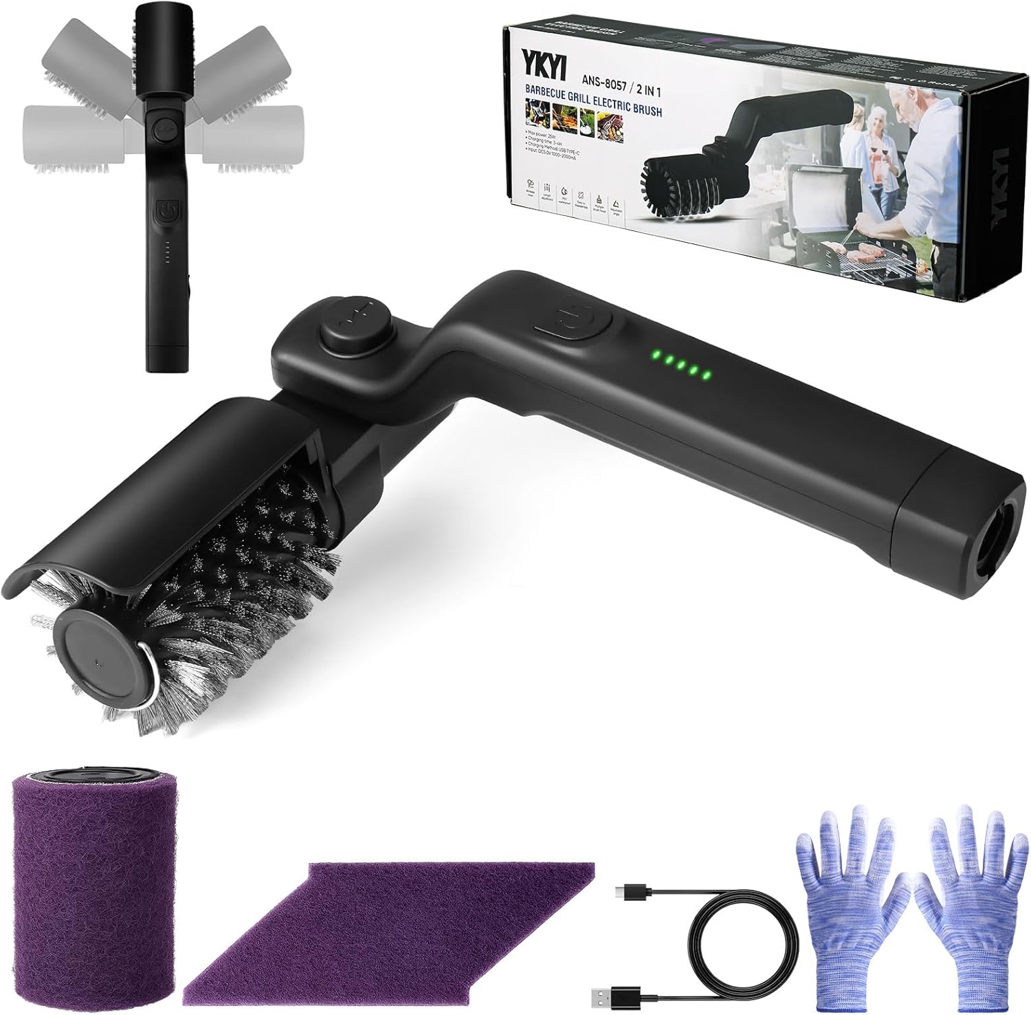 Mity rain Electric Grill Cleaner Brush - Rechargeable BBQ Cleaner with 400 RPM Motor, Type-C Charging - Stainless Steel Bristles, Black