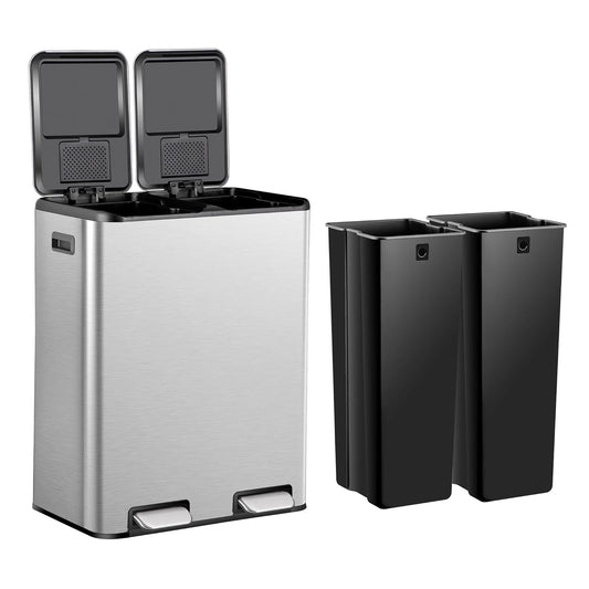 SUPER DEAL Kitchen Trash Can 16 Gallon 60L Dual Stainless Steel Garbage and Recycling Can with Foot Pedal for Kitchen, Living Room, Office, Removable Inner Buckets Soft Close Lid Odor Proof, Silver